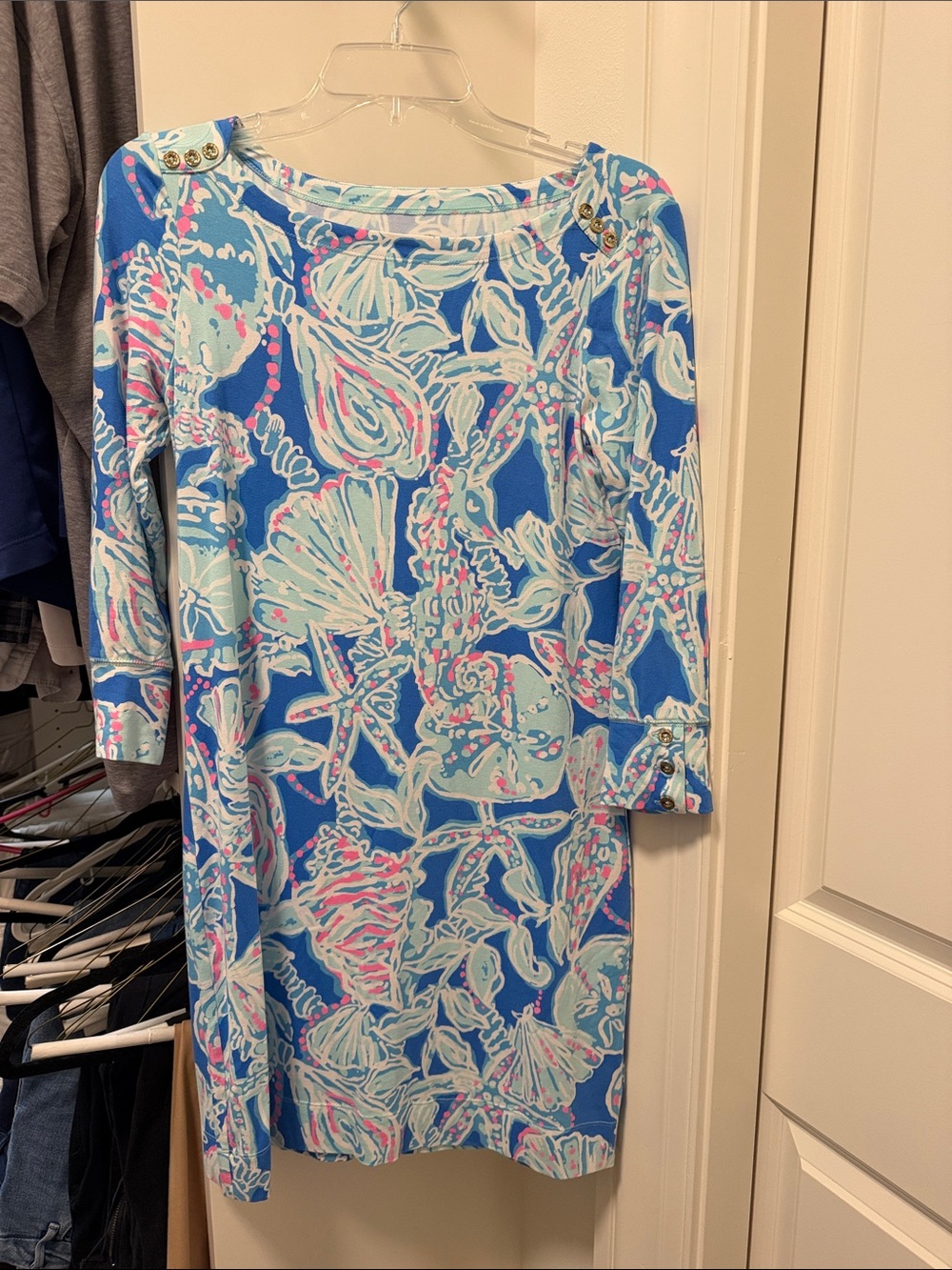 Lilly Pulitzer Blue Seashell Print Shift Dress with Button Details